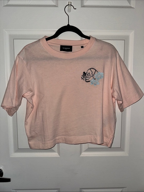 The Kooples Tops - The Kooples Light Pink Cropped Tee with Blue Floral Skull Embroidery
